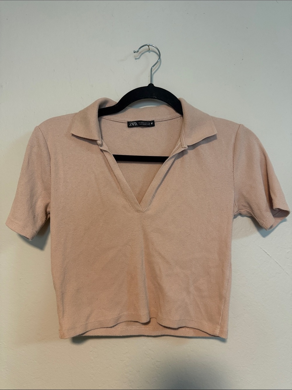 Zara Blush Ribbed V‑Neck Polo Crop Top